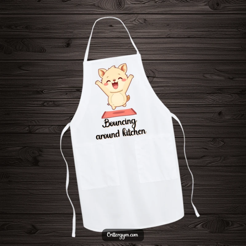 Funny Apron: A fluffy animal character grins wide while bouncing on a small yoga mat, humorously combining cooking and yoga.