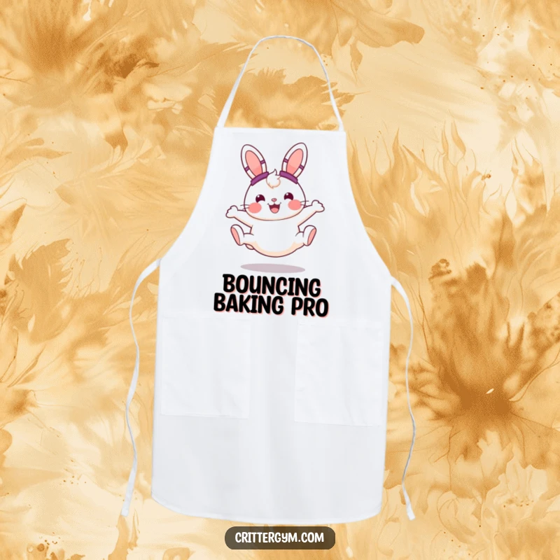 Funny cheerful round bunny character in sweatbands, doing a cartwheel with a smile, on a functional kitchen apron, a great funny gift.