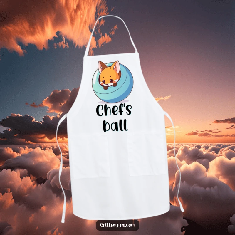 Funny kitchen apron with a curious fox peeking from behind a colorful exercise ball, perfect for cooks with a sense of humor.