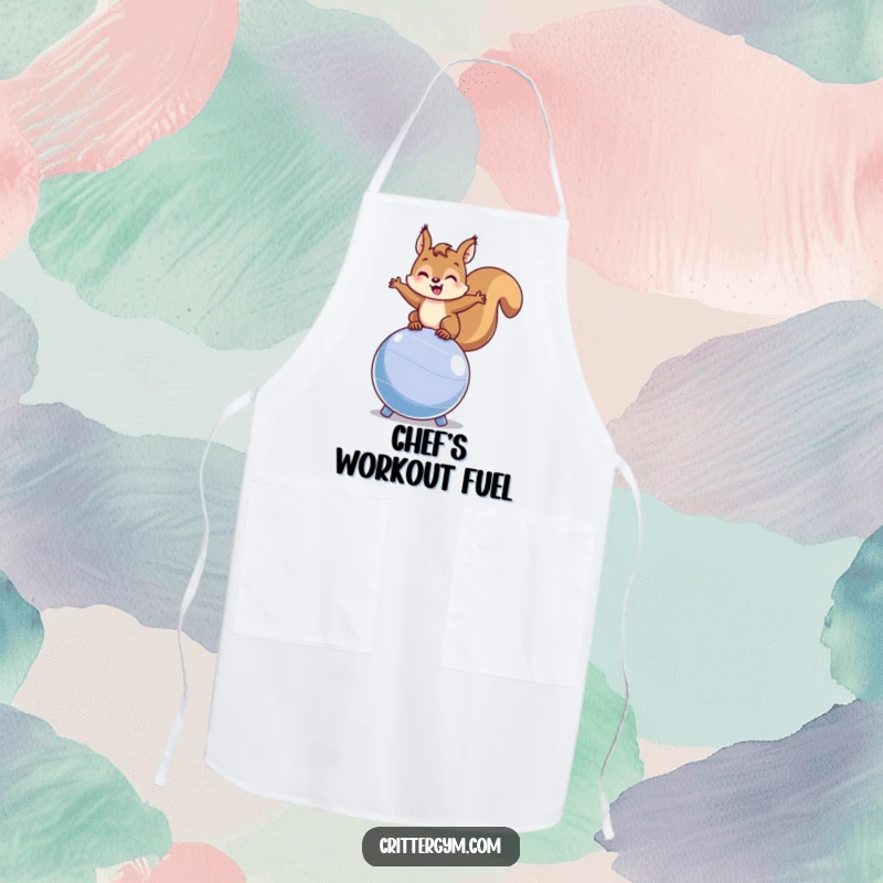 Funny squirrel apron with a happy squirrel balancing on a bouncing fitness ball, bringing energetic humor and charm to the kitchen.