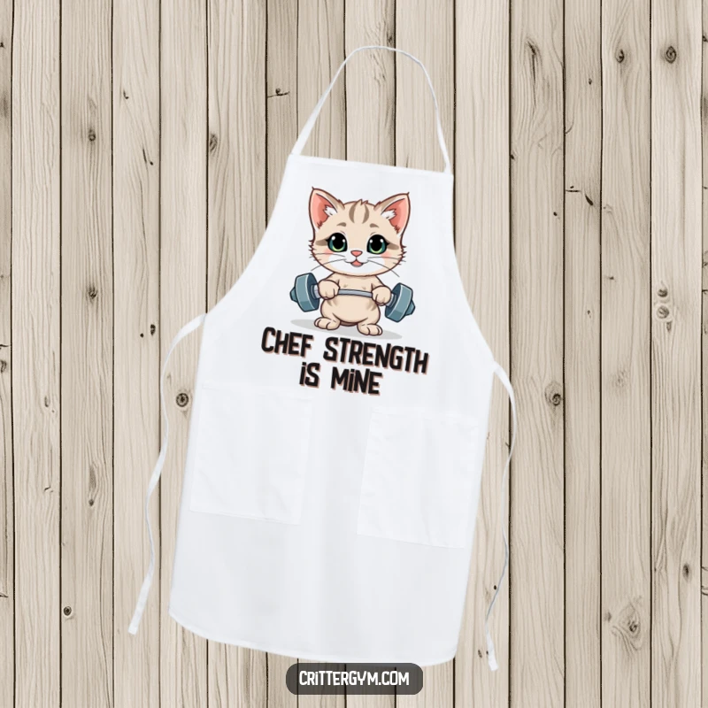 Funny proud kitten flexing after a weightlifting rep on a kitchen apron, a hilarious funny gift.