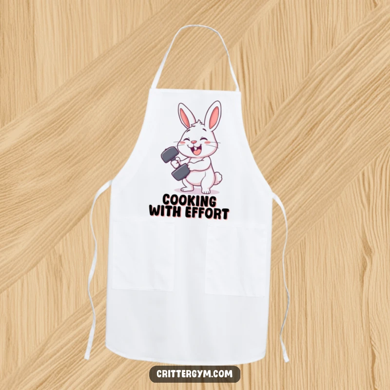 Funny rabbit gym apron showing a smiling rabbit character comically failing to lift a tiny dumbbell, ideal for kitchen fun.