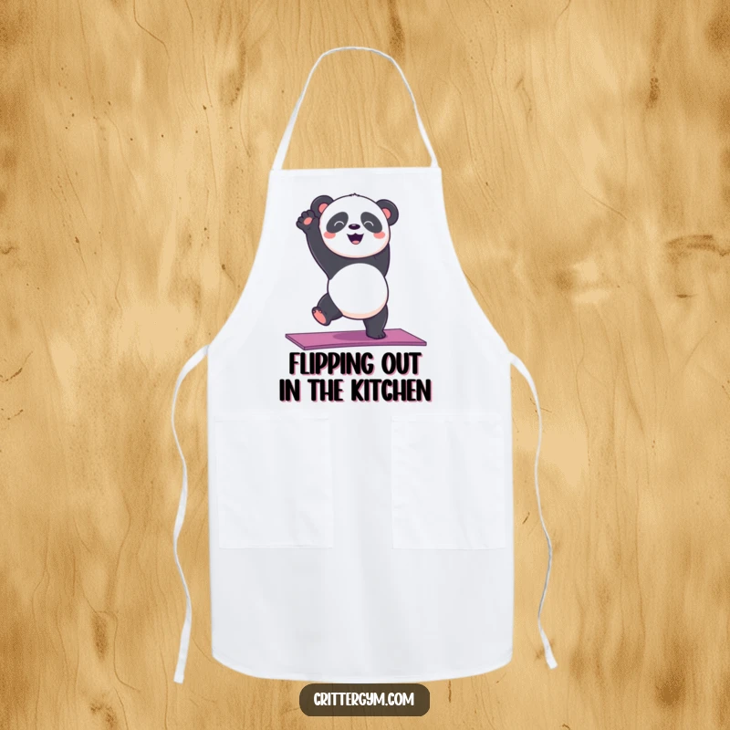 Funny panda bear in a yoga handstand pose wearing a chef's apron, adding humor to cooking.