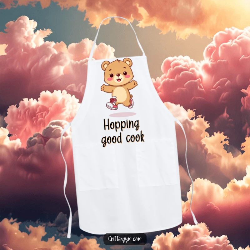 Funny chef apron with a happy bear cub character wearing sneakers and doing a playful hop. Great for kitchen fun.