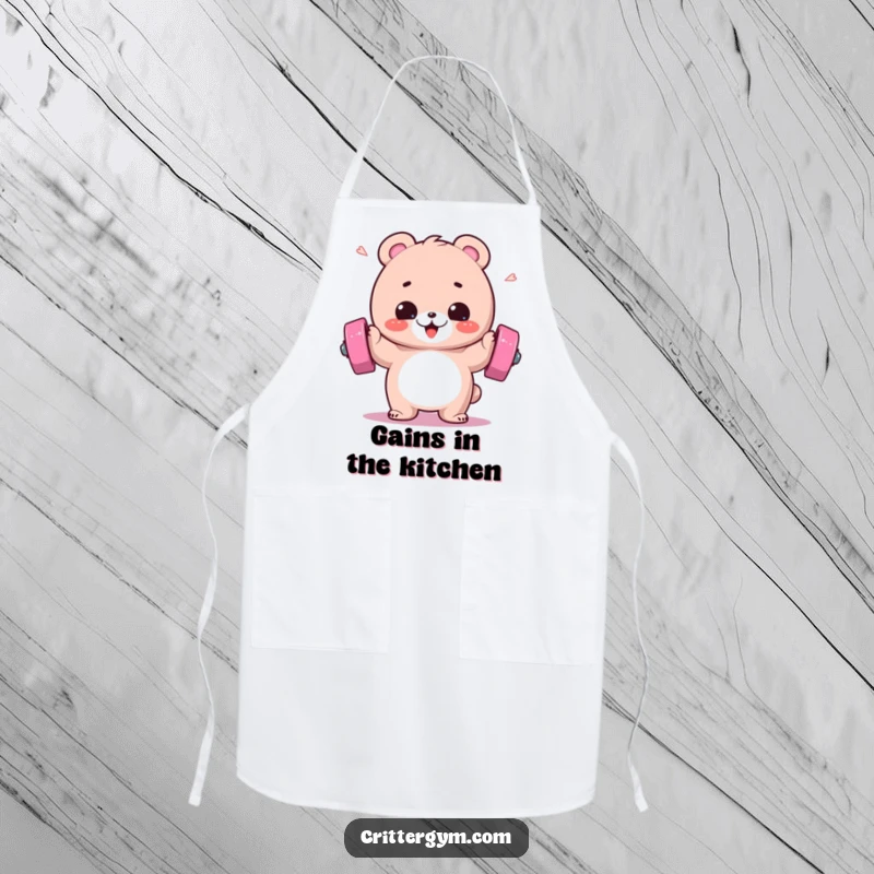 Funny apron with a fluffy bear gleefully lifting a barbell, sweat flying, perfect for a strong and playful cook.