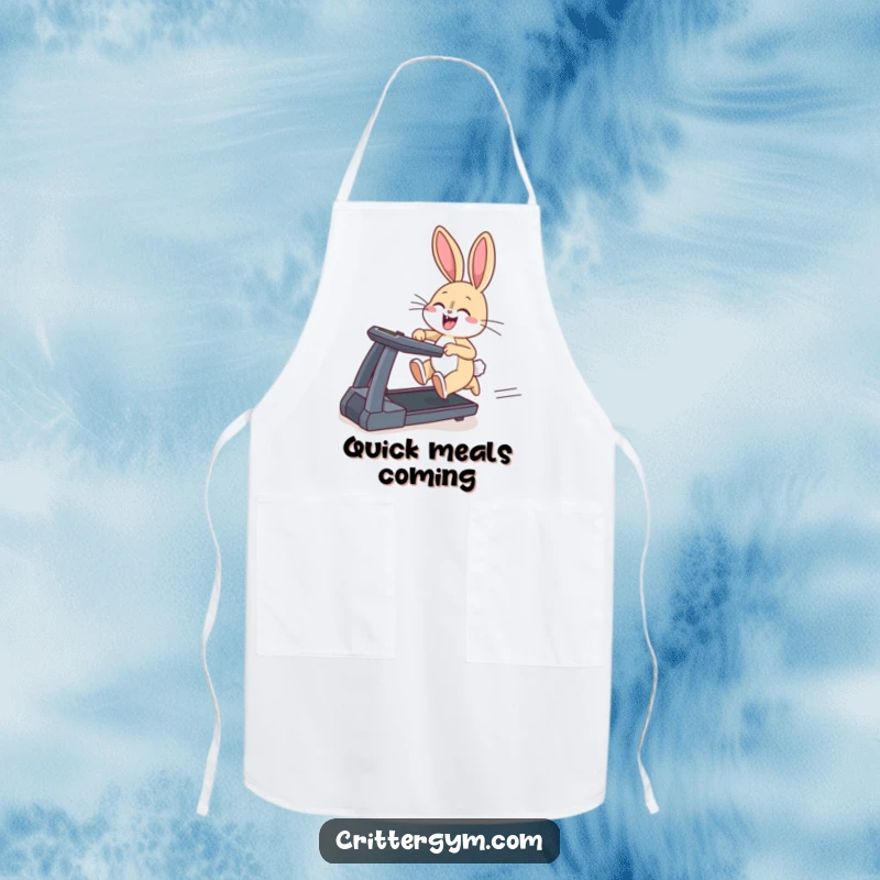 Funny apron showing a giggling bunny sprinting on a treadmill, ears flapping, a humorous kitchen accessory.