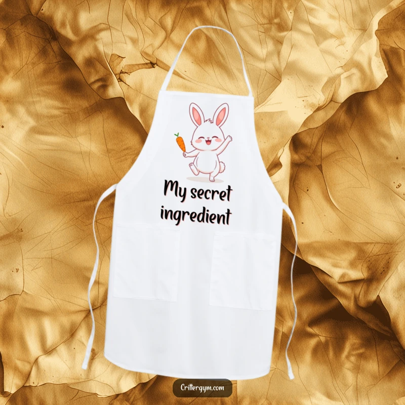 Funny apron with a fluffy bunny in a graceful yoga pose, balancing a tiny carrot, making kitchen tasks a delightful and humorous experience.