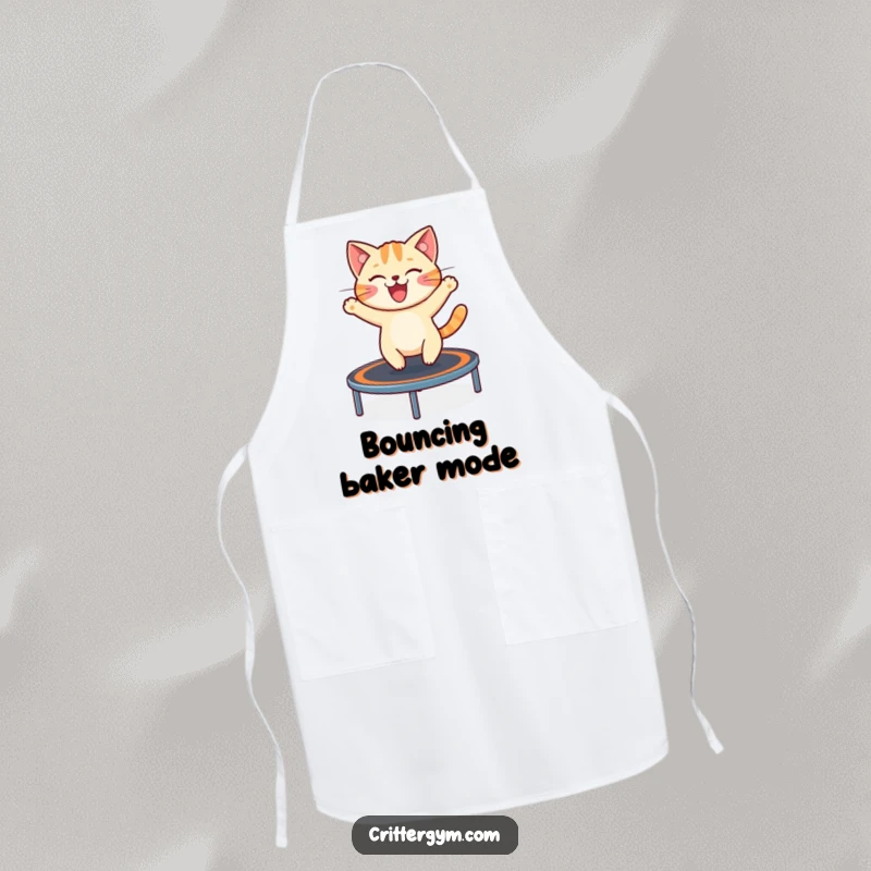 Funny apron with a cheerful cat excitedly bouncing on a miniature trampoline, perfect for a playful cook or baker.