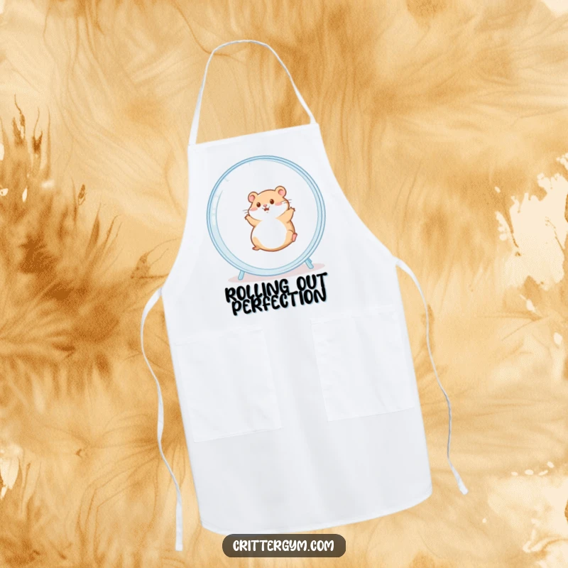 Funny apron illustrated with a chubby hamster joyfully spinning in a giant hamster wheel, ideal for a humorous cooking experience.