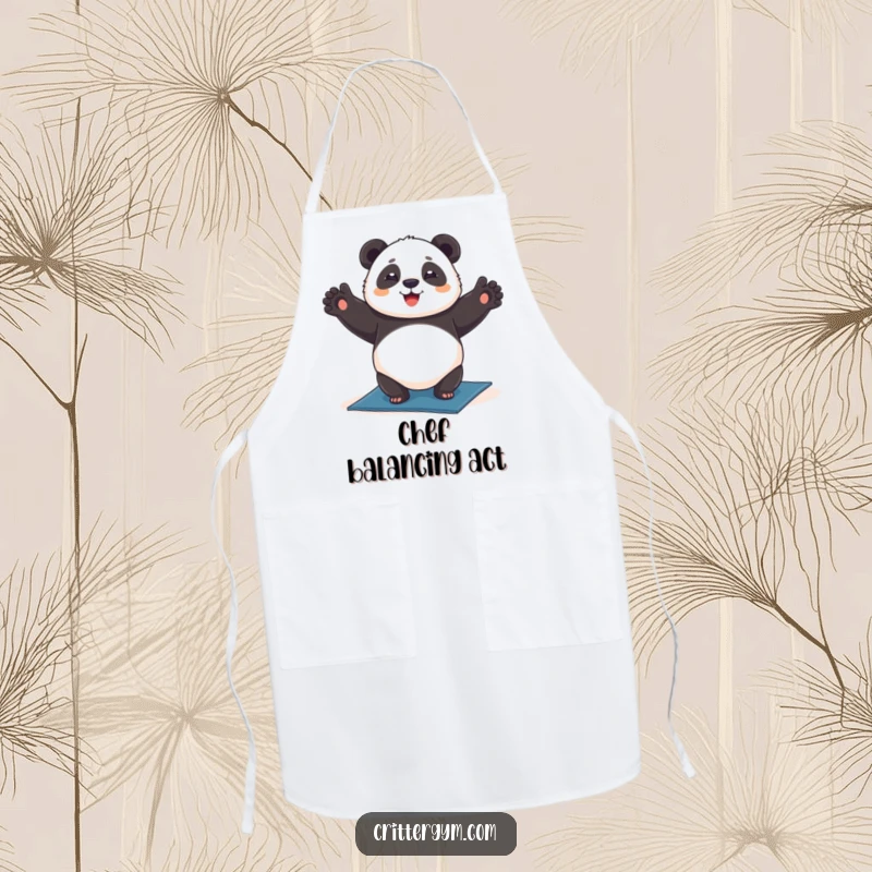 Funny chubby panda apron, happily doing a headstand on a yoga mat, for kitchen use, humorous funny gift.