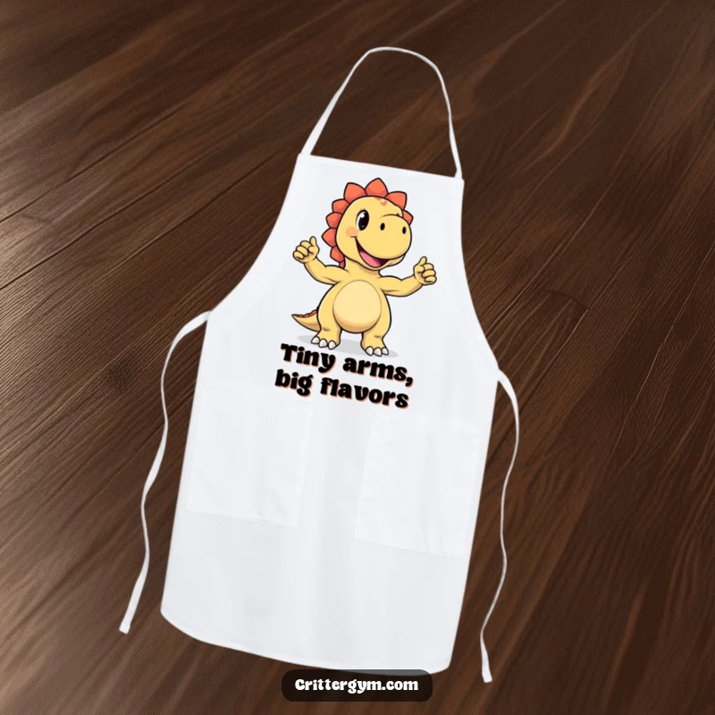 Funny apron featuring a joyful dinosaur character proudly flexing its tiny biceps with a massive grin, ready to cook up a storm with humor.