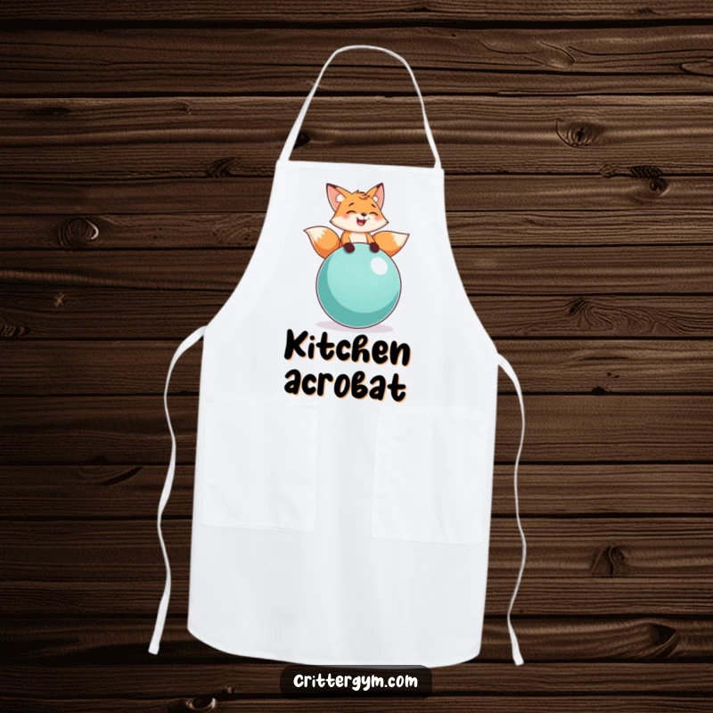 Funny fox balance apron showing a playful fox character laughing while balancing on a large exercise ball, ideal for kitchen fun.