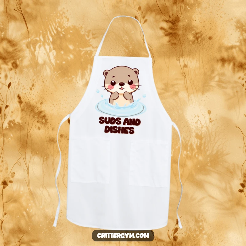 Funny Kawaii otter character splashing water in a small pool, a humorous and practical apron for cooking.
