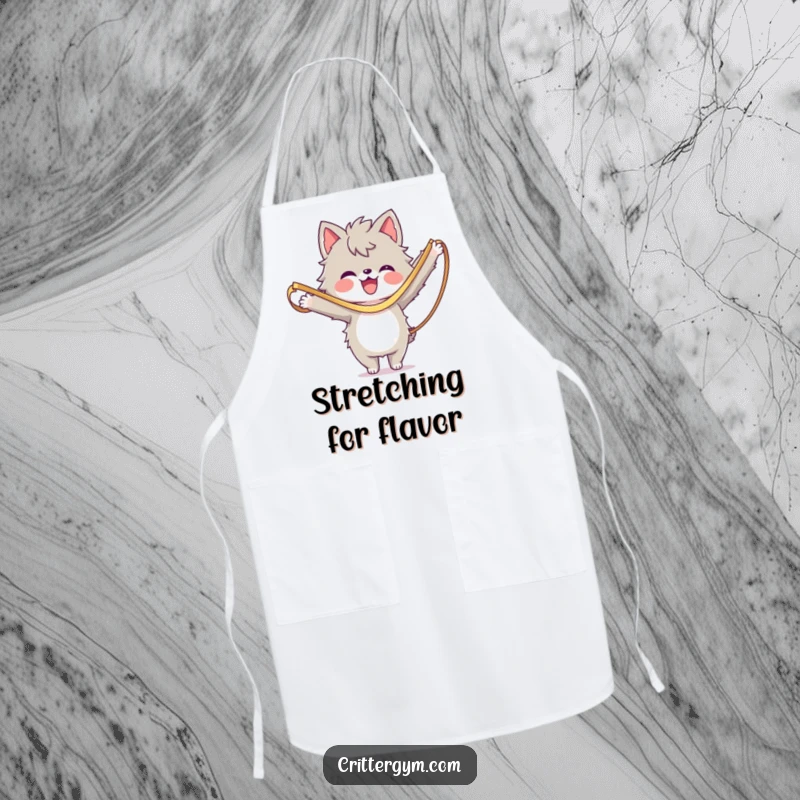 Funny Apron: A furry character stretching with a resistance band, a humorous kitchen accessory.