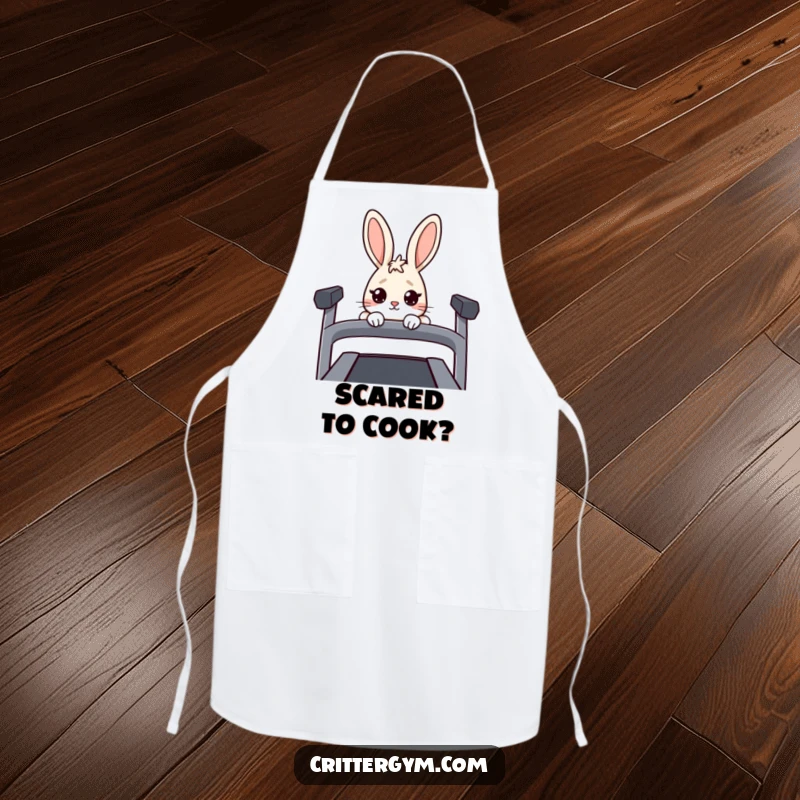 Funny Nervous Rabbit Apron: A nervous rabbit peeks over a treadmill, a humorous apron for kitchen tasks.