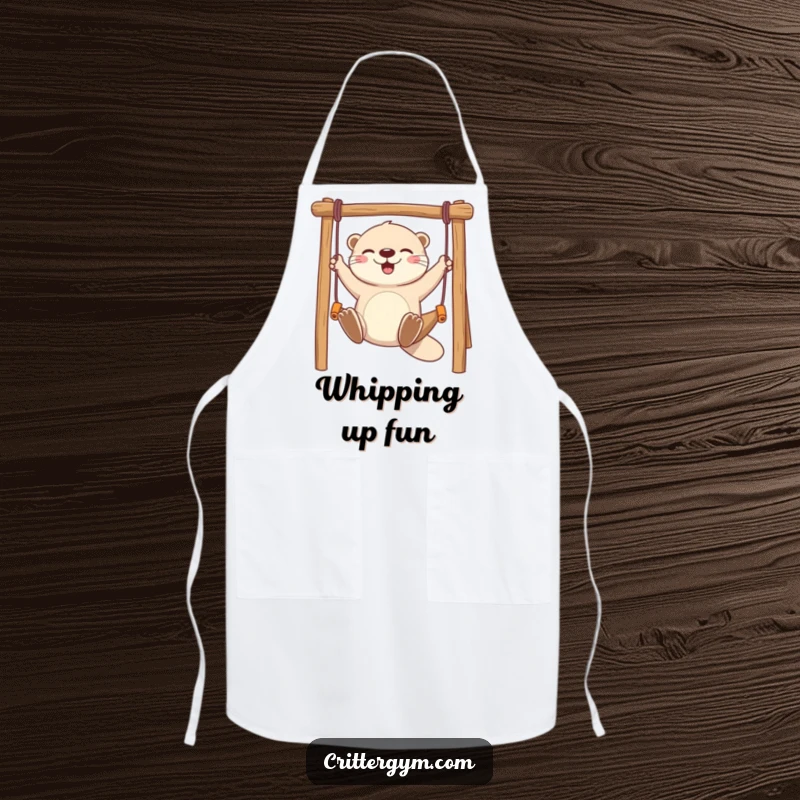 Funny apron with a playful otter character joyfully swinging on a miniature monkey bar, designed for kitchen fun.