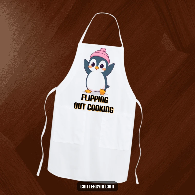 Funny apron with a silly penguin character attempting a handstand with surprised concentration, perfect for kitchen antics.