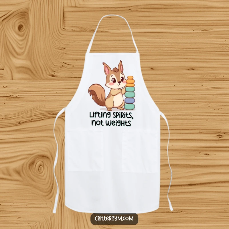 Funny apron with a curious squirrel character looking surprised while trying to lift a huge stack of small weights in the kitchen.