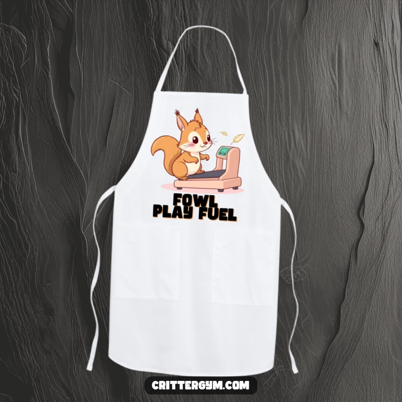 Funny squirrel apron illustrating a squirrel comically running on a tiny treadmill while holding cooking utensils, ready for a messy but hilarious meal.