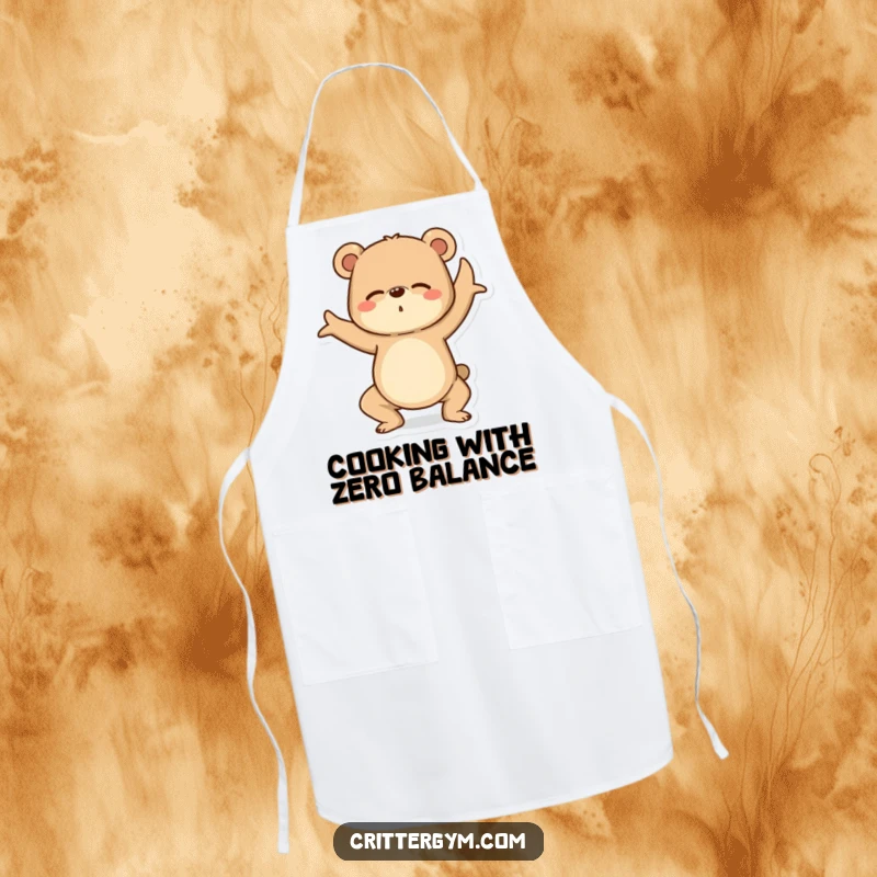 Funny Yoga Bear Apron: A determined bear wobbles in a yoga pose, a humorous apron for kitchen adventures.