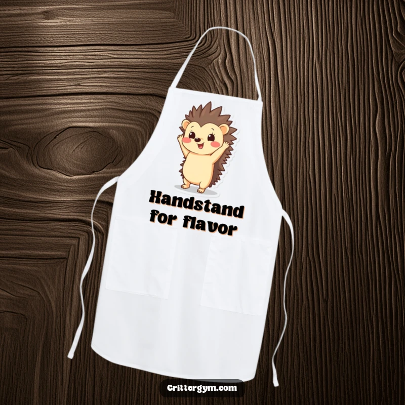 Funny Hedgehog Apron: A happy hedgehog is in a handstand with quills pointing upwards, ready to add kitchen fun.
