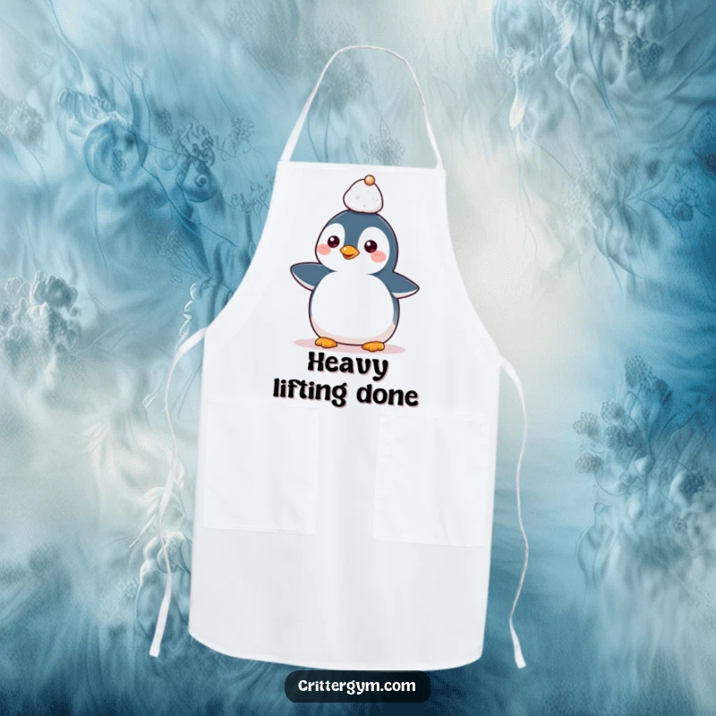 Funny Kawaii penguin character balancing a tiny weight on its head, a humorous and practical apron for cooking.