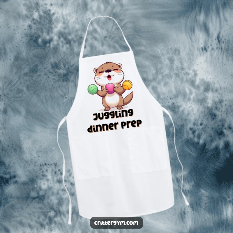 Funny winking otter juggling exercise balls on a kitchen apron, a hilarious and practical funny gift.