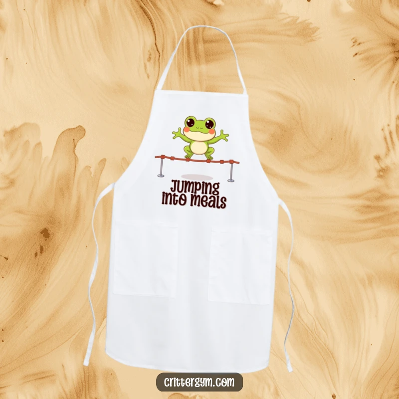 Funny apron with a small, happy frog character leaping over tiny jump ropes with wide, excited eyes, for kitchen fun.
