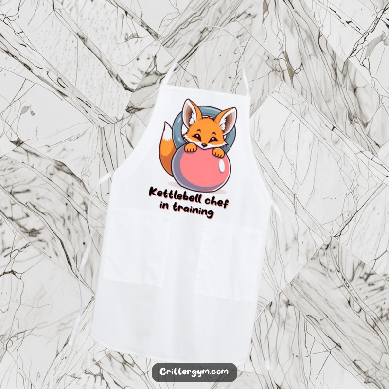 Funny cooking apron featuring a curious fox peeking from behind a vibrant kettlebell, perfect for kitchen workouts.
