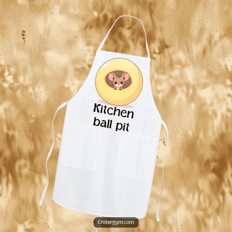Funny apron with a curious mouse peeking from a deflated exercise ball, perfect for kitchen activities with a humorous twist.