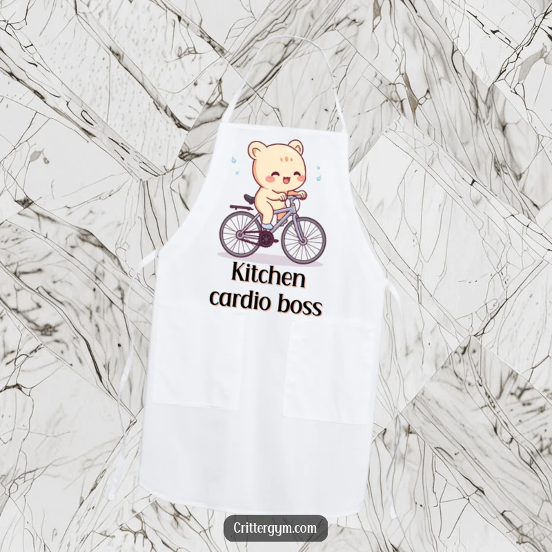 Funny Apron: A cute creature gleefully pedals a small stationary bike, with sweat flying, humorously depicting kitchen workout effort.