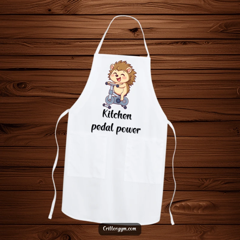 Funny hedgehog apron with a happy hedgehog energetically cycling on a tiny bike, ready to whip up a meal with speed and smiles.