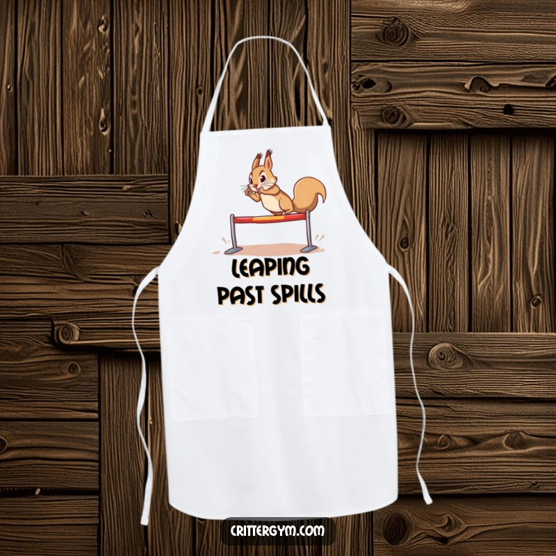 Funny determined squirrel apron, doing a dramatic leap over a tiny hurdle, for kitchen use, humorous funny gift.