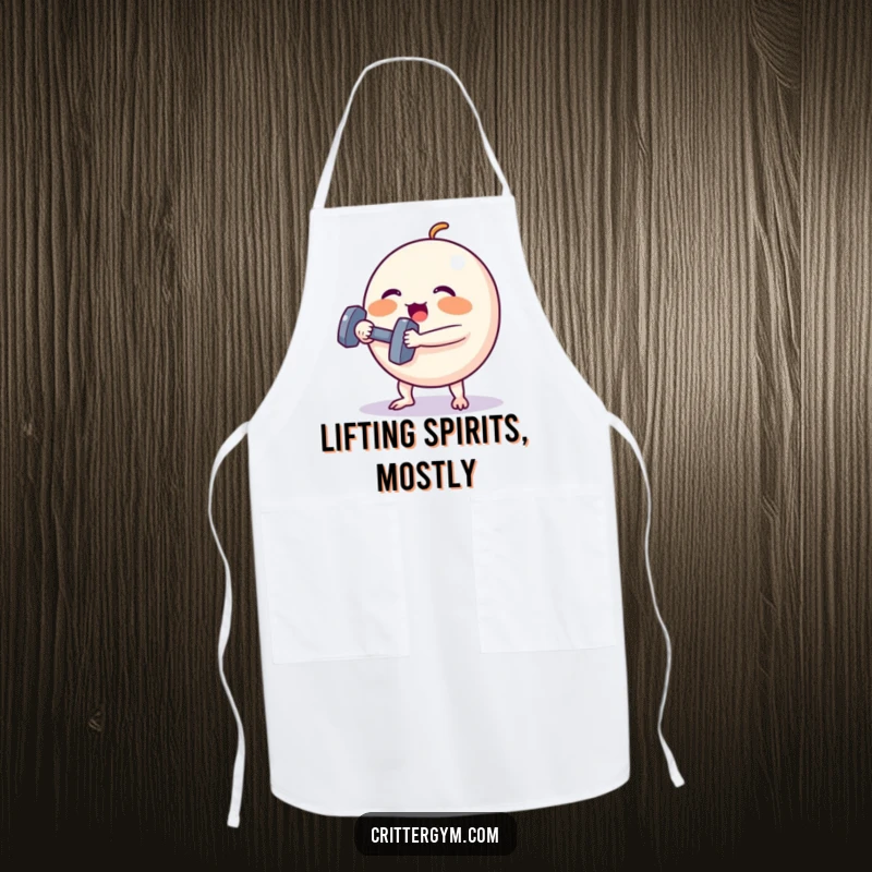 Funny Apron: A round creature with rosy cheeks lifts a tiny dumbbell, humorously depicting kitchen workout effort.