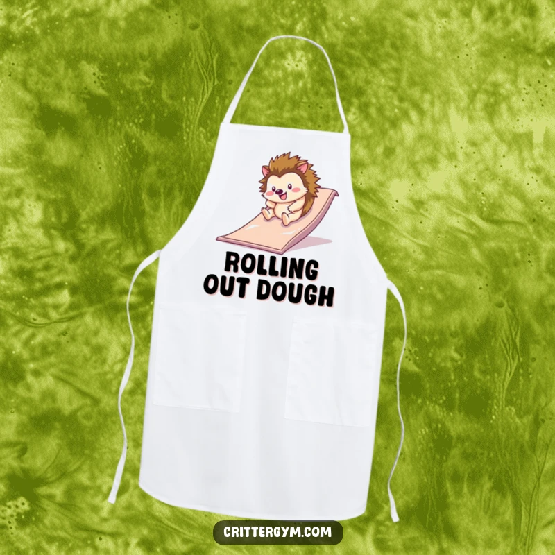 Funny happy hedgehog rolling down a slippery slide on a gym mat on a kitchen apron, a funny gift.