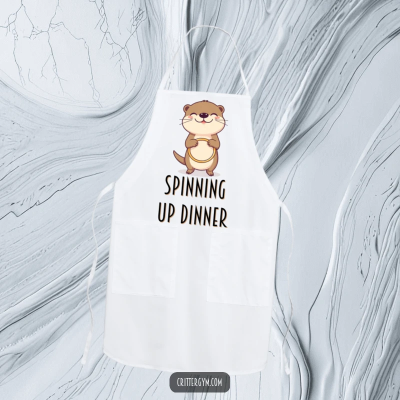 Funny grinning otter apron, joyfully spinning a tiny hula hoop, for kitchen use, humorous funny gift.