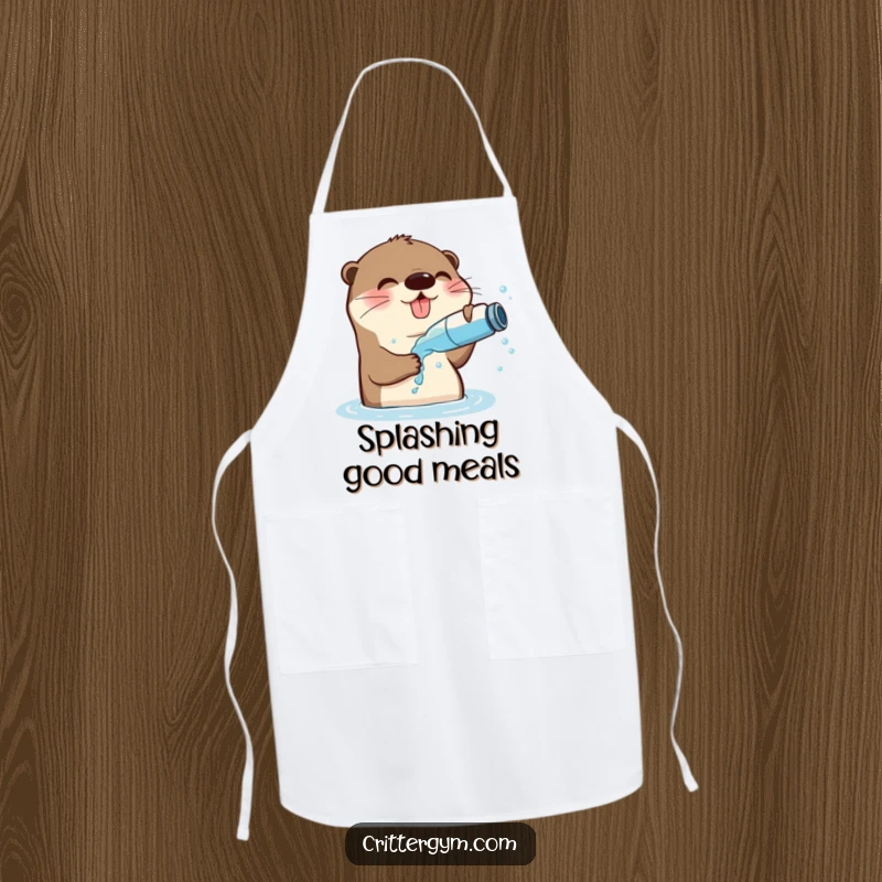 Funny Playful Otter Apron: An otter splashes water on its face, a humorous apron for kitchen fun.