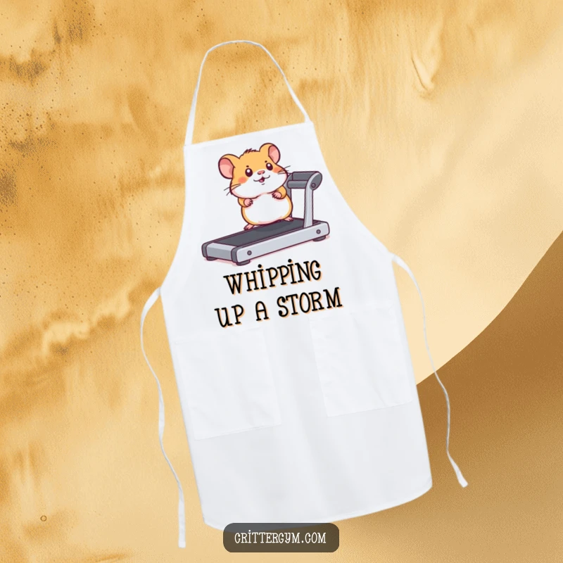 Funny hamster running vigorously on a treadmill, wearing a chef's apron with a determined look.