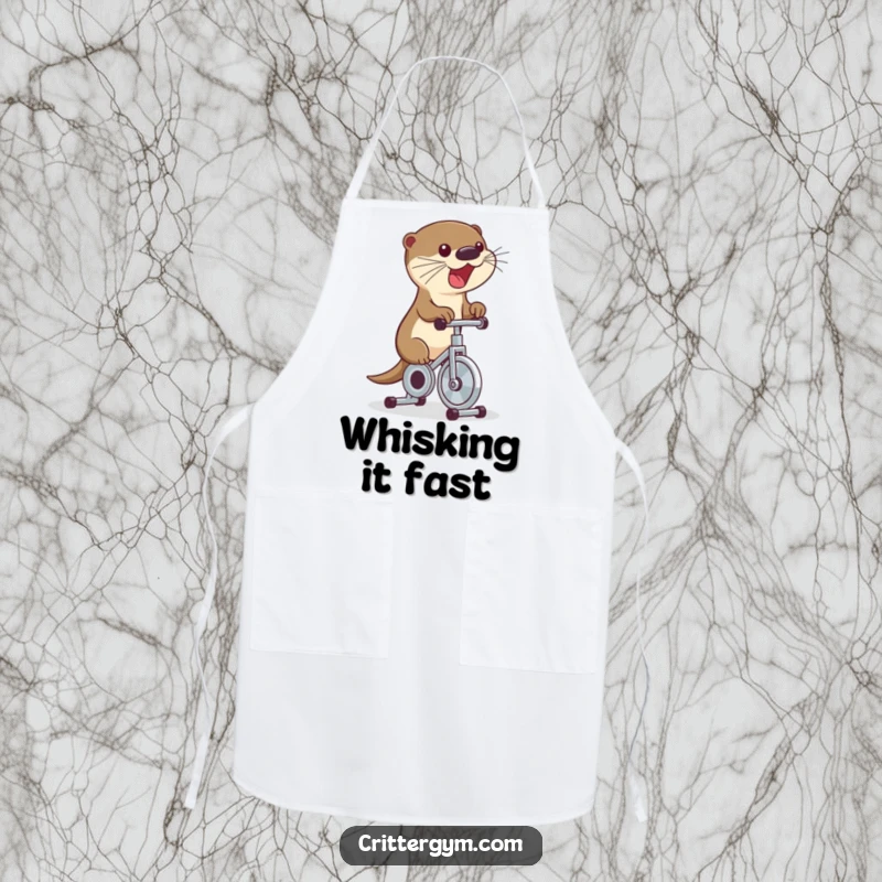 Funny apron showing a cute otter excitedly riding a tiny exercise bike, pedaling rapidly, a humorous kitchen accessory.