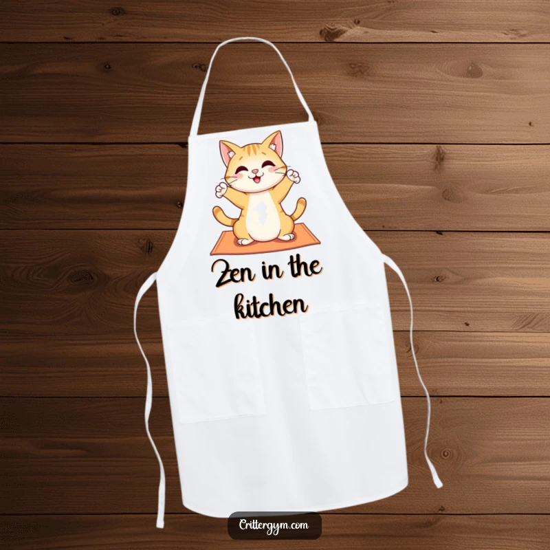 Funny apron featuring a cheerful cat character stretching playfully on a yoga mat, designed for kitchen fun and humorous cooking.