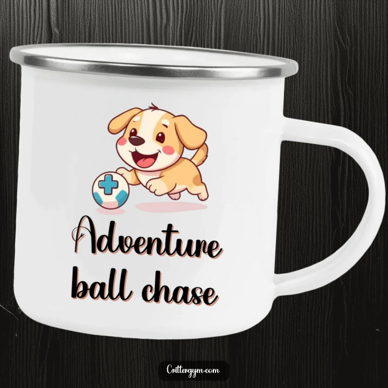 Funny Dog Medicine Ball Camping Mug: A happy dog chases a ball, ideal for outdoor laughs.