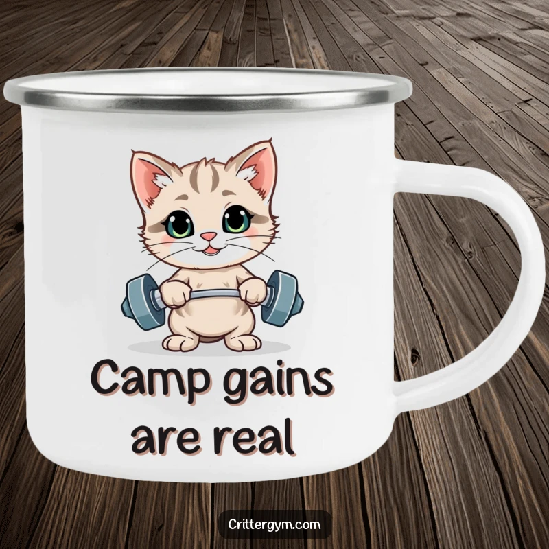 Funny proud kitten flexing after lifting tiny weights on a durable camping mug, a funny gift.