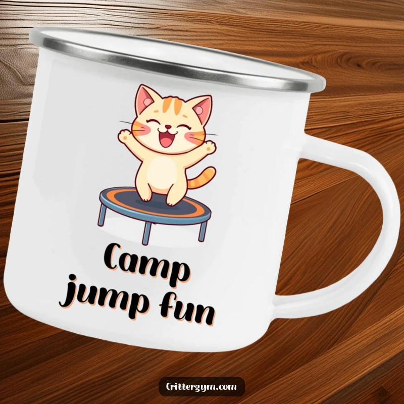 Funny camping mug featuring a cheerful cat excitedly bouncing on a miniature trampoline, perfect for playful outdoor mornings.