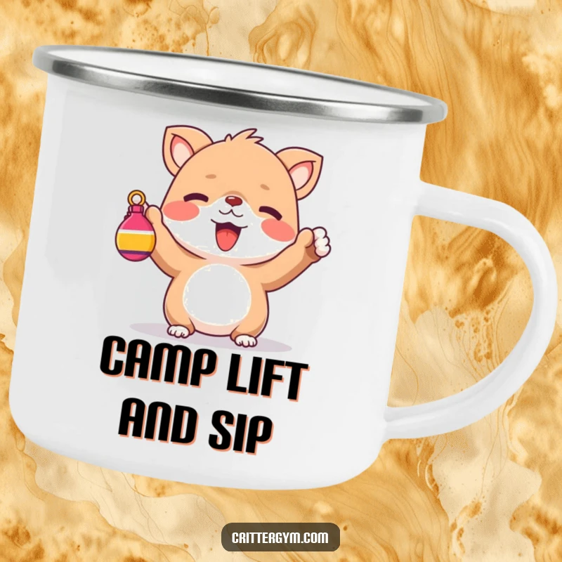 Funny Camping Mug: A cute creature cheering while holding a tiny, colorful weight, for outdoor fun.