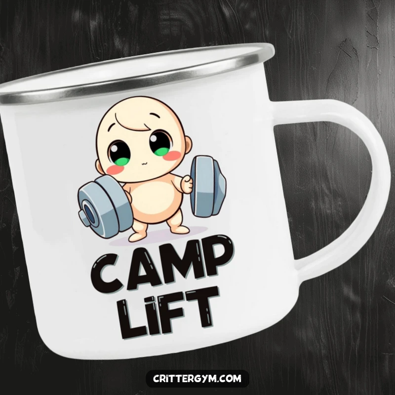Funny camping mug, small round character trying to lift a huge dumbbell, outdoor enamel mug.