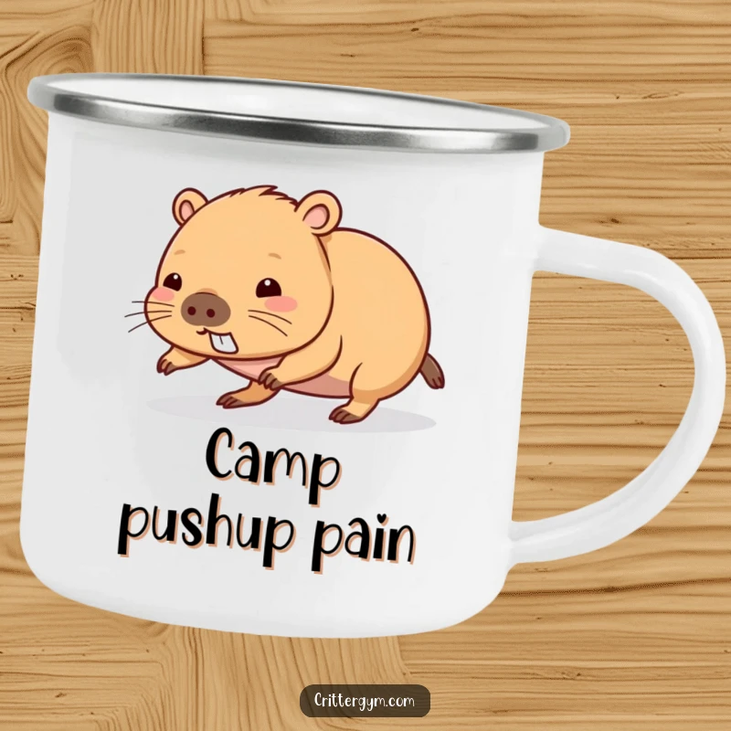 Funny kawaii capybara character doing a push-up on a durable camping mug, great for outdoor funny gift.