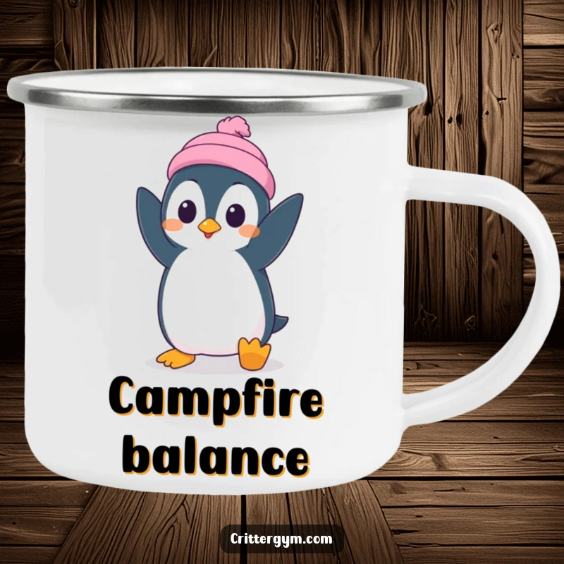 Funny camping mug with a silly penguin character attempting a handstand with surprised concentration, perfect for outdoor trips.