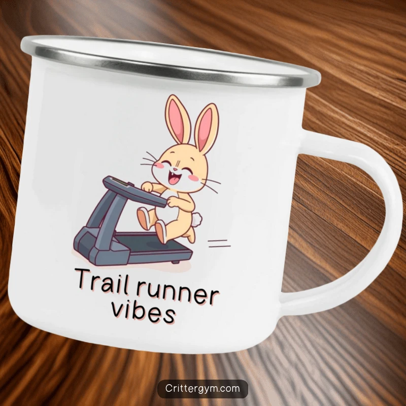 Funny camping mug with a giggling bunny sprinting on a treadmill, ears flapping, for humorous outdoor enjoyment.