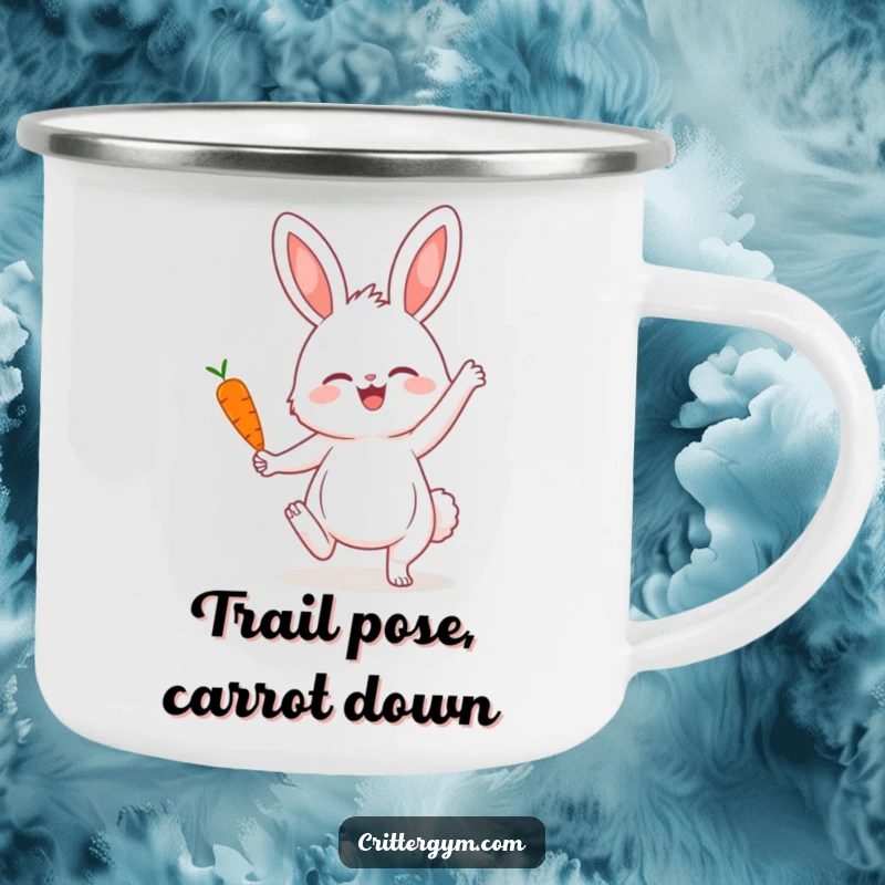 Funny camping mug featuring a fluffy bunny in a serene yoga pose, a small carrot beside it, ideal for enjoying beverages outdoors with a laugh.