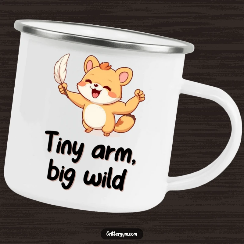 Funny Camping Mug: A small animal character joyfully flexes a tiny, muscular arm after lifting a feather, humorously depicting outdoor strength.